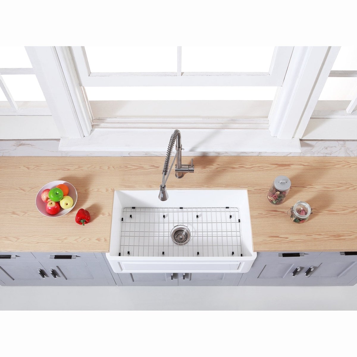 Gourmetier Farmhouse Kitchen Sink with Strainer and Grid, Matte White/Brushed - BUILDMYPLACE
