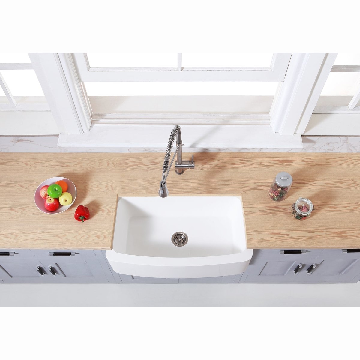 Gourmetier Solid Surface 33" x 22" Farmhouse Single Bowl Kitchen Sink, Matte White - BUILDMYPLACE