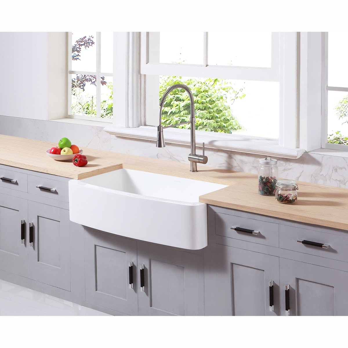 Gourmetier Solid Surface 36" x 22" Farmhouse Single Bowl Kitchen Sink, Matte White - BUILDMYPLACE
