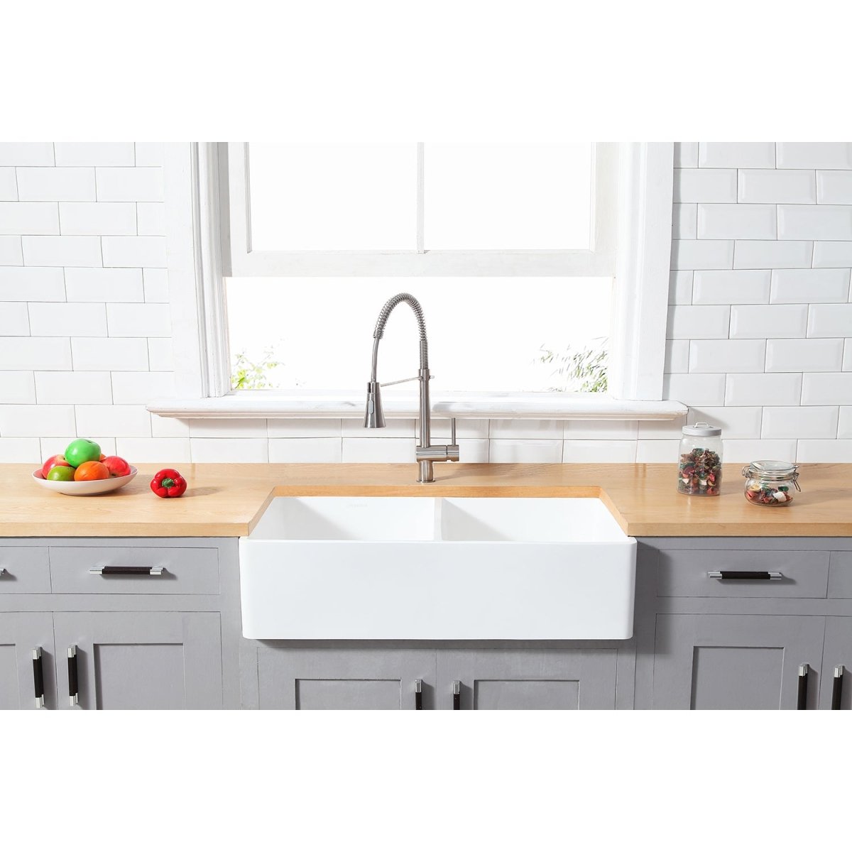 Gourmetier Solid Surface Double Bowl Farmhouse Kitchen Sink, Matte White - BUILDMYPLACE