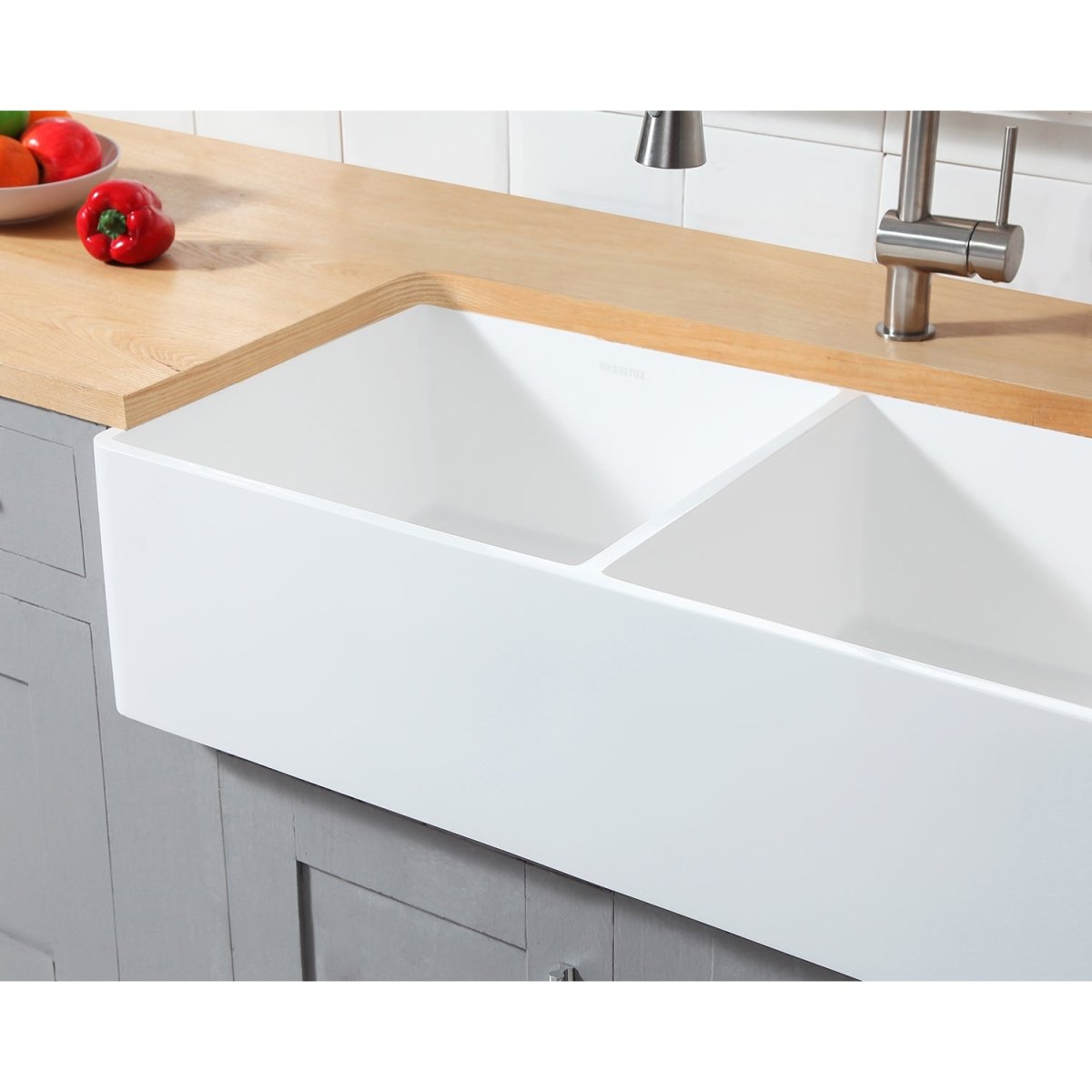 Gourmetier Solid Surface Double Bowl Farmhouse Kitchen Sink, Matte White - BUILDMYPLACE
