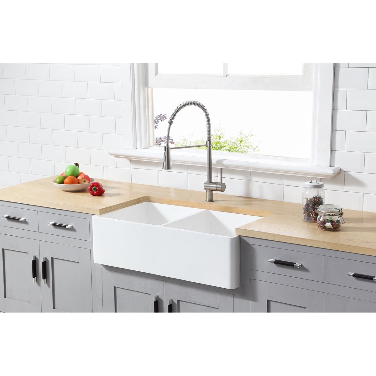 Gourmetier Solid Surface Double Bowl Farmhouse Kitchen Sink, Matte White - BUILDMYPLACE