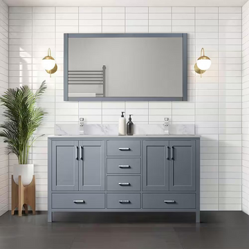 Jacques 72 In. Freestanding Dark Grey Bathroom Vanity With Double Undermount Ceramic Sink, White Carrara Marble Top
