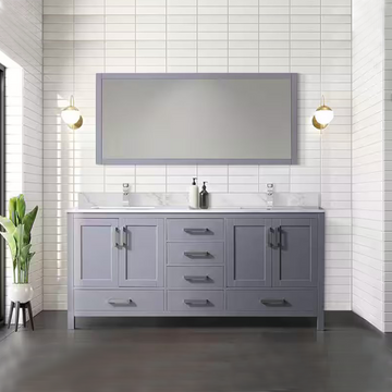 Jacques 72 In. Freestanding Dark Grey Bathroom Vanity With Double Undermount Ceramic Sink, White Carrara Marble Top
