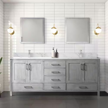 Jacques 80 In. Freestanding Distressed Grey Bathroom Vanity With Double Undermount Ceramic Sink, White Carrara Marble Top