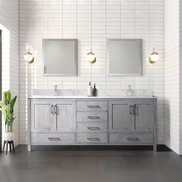 Jacques 80 In. Freestanding Distressed Grey Bathroom Vanity With Double Undermount Ceramic Sink, White Carrara Marble Top