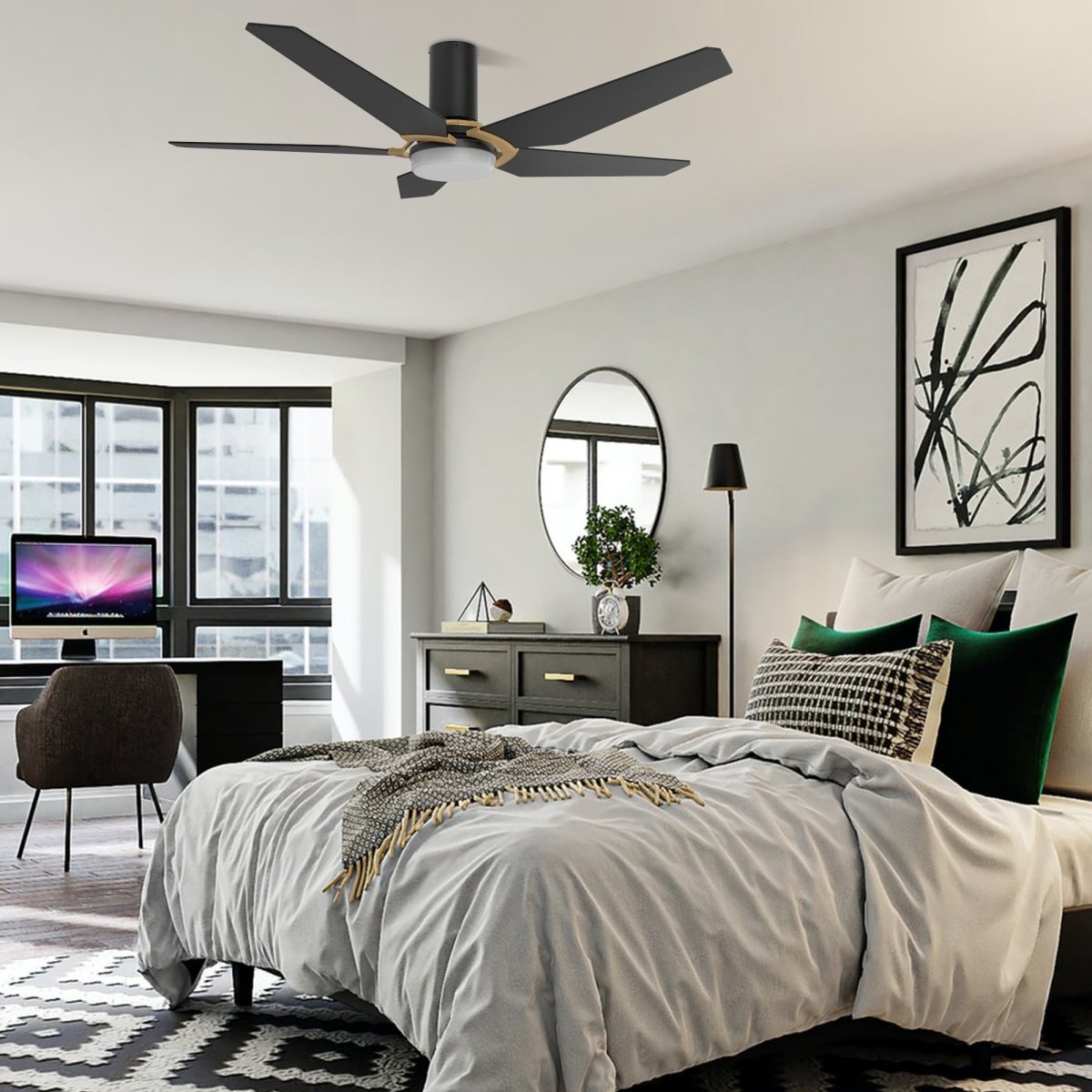 KAJ 48 inch 5 - Blade Flush Mount Smart Ceiling Fan with LED Light & Remote - LEDMyPlace