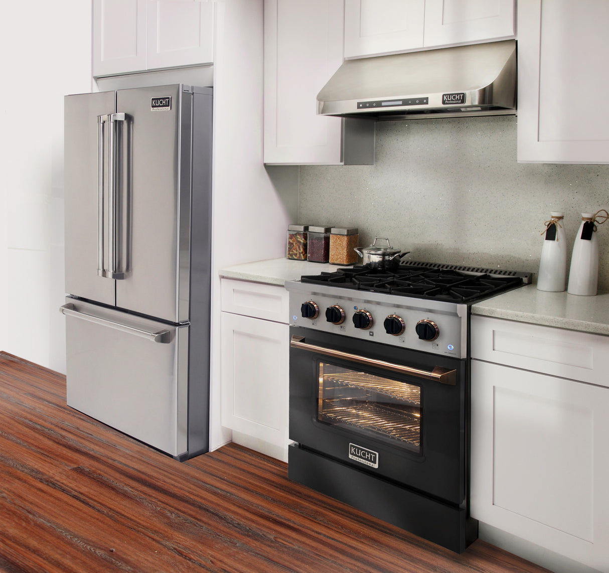 KUCHT Professional 30 in. 4.2 cu. ft. Dual Fuel Range for Propane Gas with Sealed Burners and Convection Oven in Stainless Steel with Black Oven Door Black Knobs and Gold Knob Rings