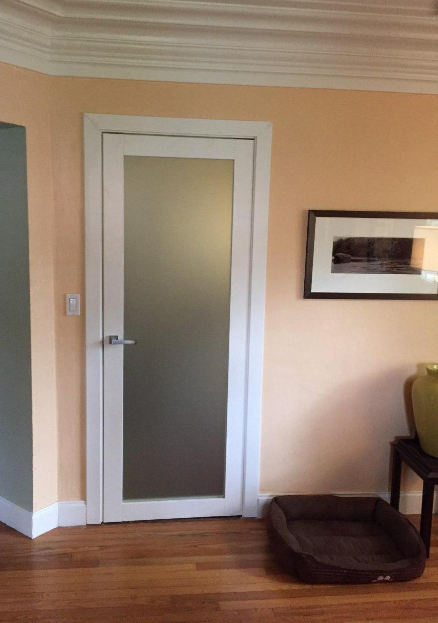 Solid French Door | Planum 2102 White Silk with Frosted Glass | Single Regular Panel Frame Trims Handle | Bathroom Bedroom Sturdy Doors