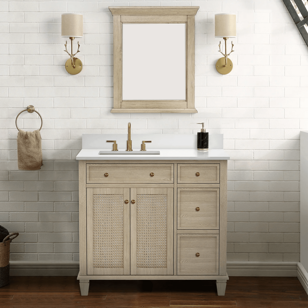 Ronnie Freestanding Solid Wood Bathroom Vanity With Pure White Quartz Sink Top & 4 In. Backsplash in Nature Wood Finish