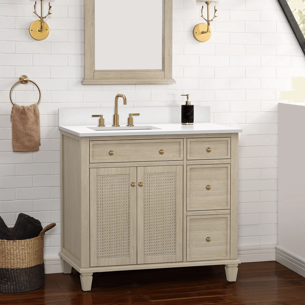 Ronnie Freestanding Solid Wood Bathroom Vanity With Pure White Quartz Sink Top & 4 In. Backsplash in Nature Wood Finish