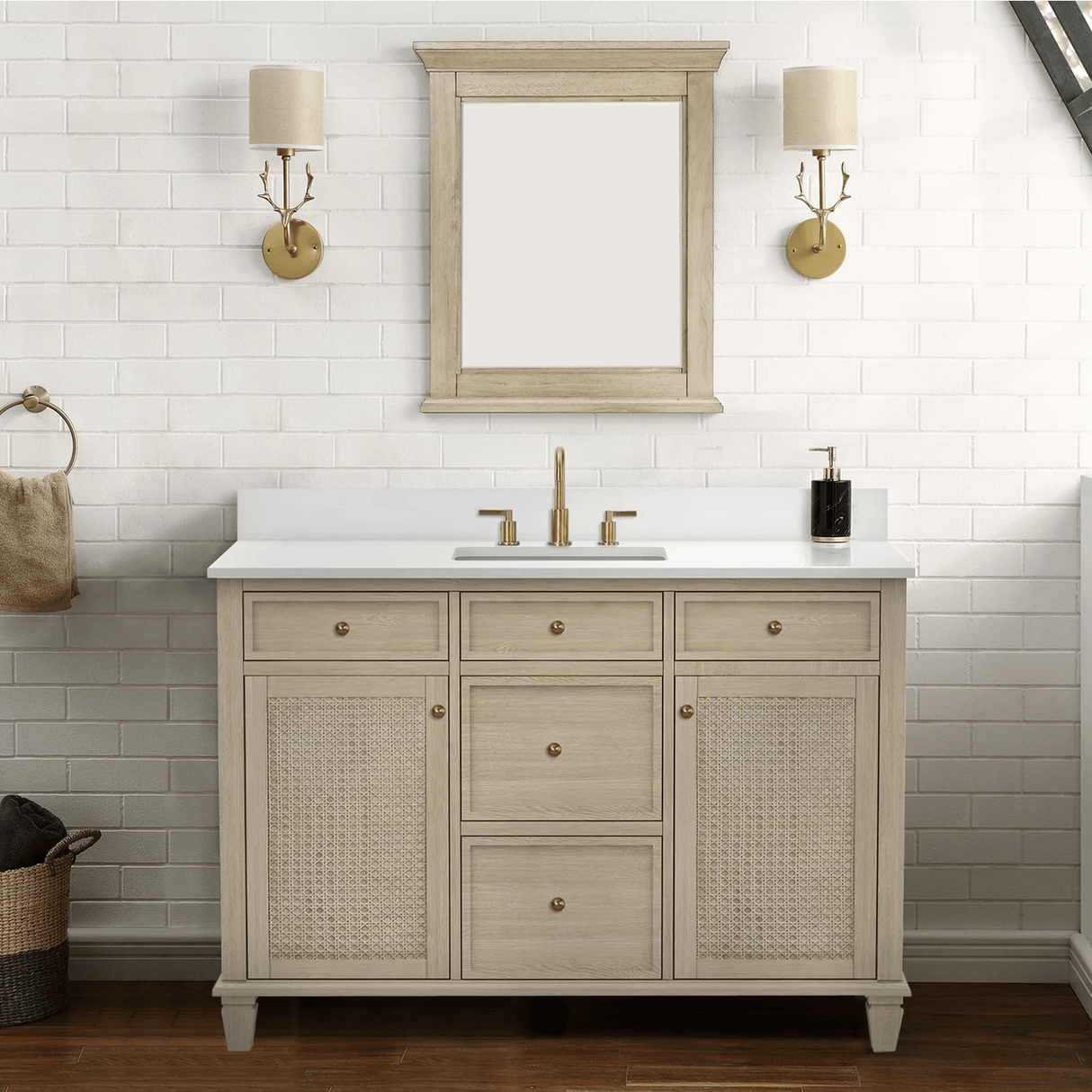 Ronnie Freestanding Solid Wood Bathroom Vanity With Pure White Quartz Sink Top & 4 In. Backsplash in Nature Wood Finish