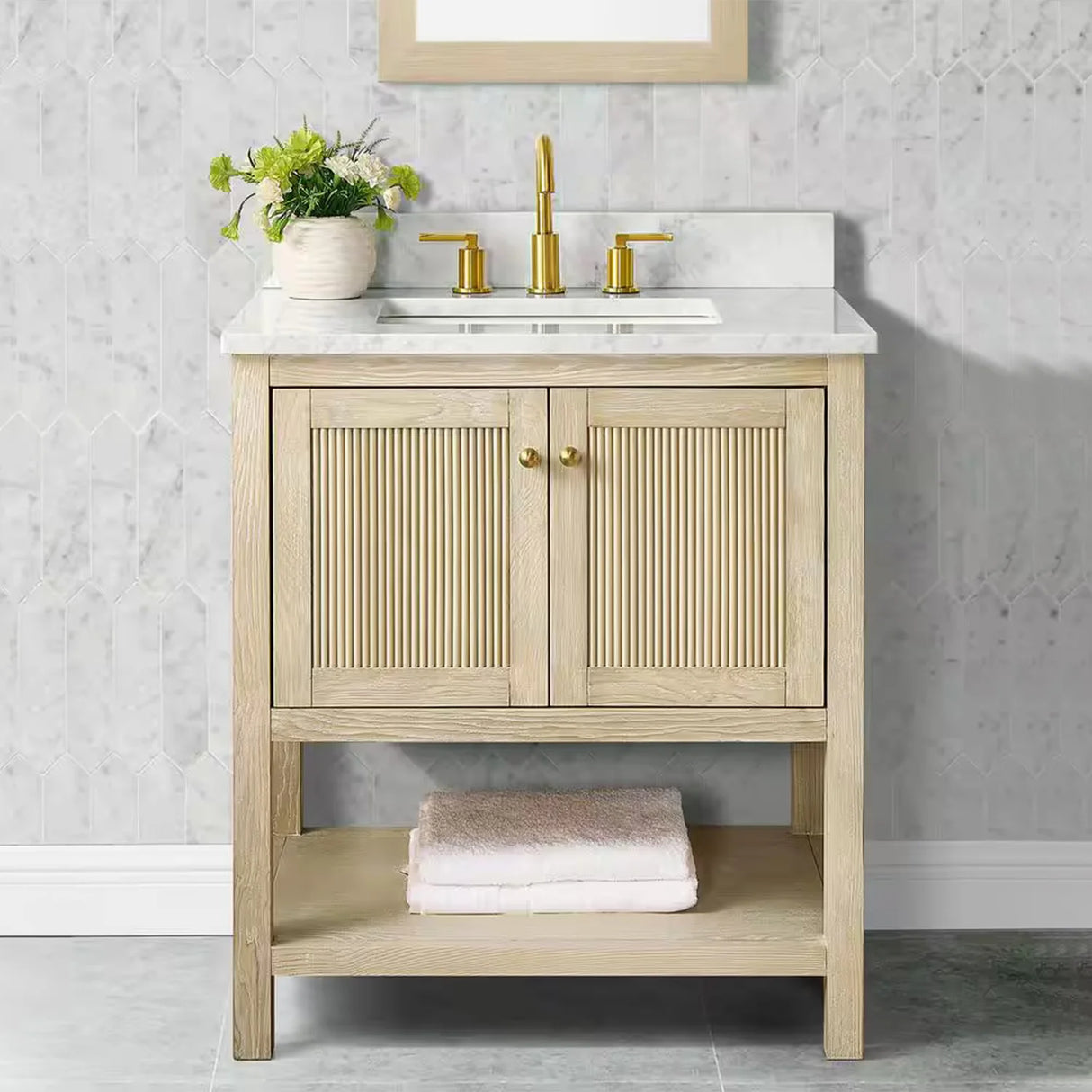 Salem Freestanding Solid Wood Bathroom Vanity With Carrara White Marble Sink Top & 4 In. Backsplash in Nature Wood Finish
