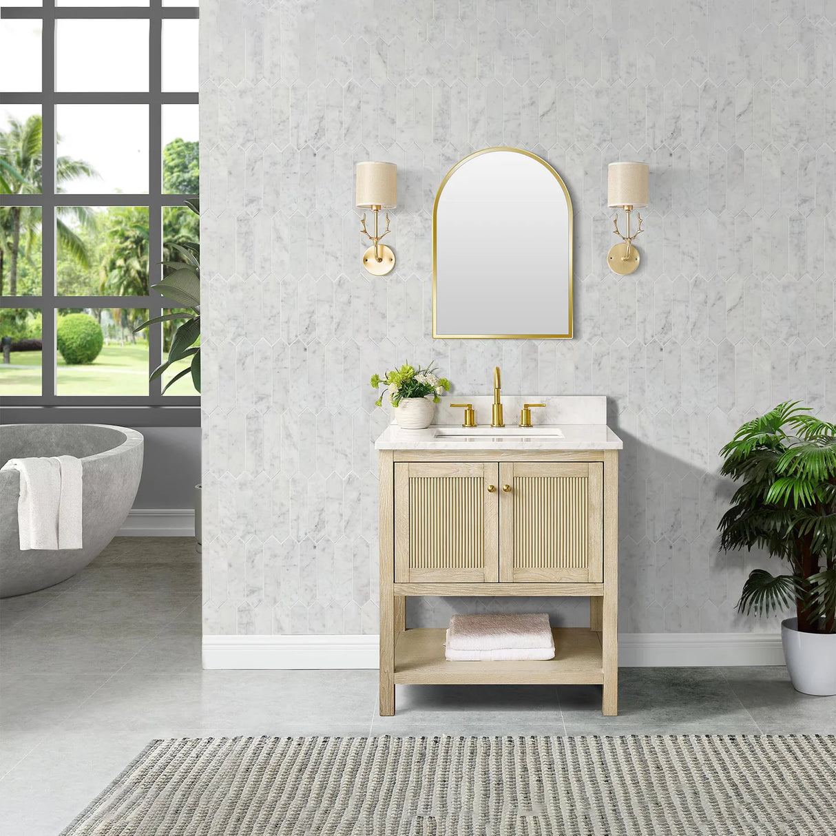 Salem Freestanding Solid Wood Bathroom Vanity With Carrara White Marble Sink Top & 4 In. Backsplash in Nature Wood Finish