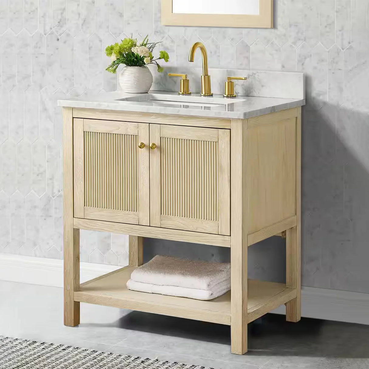 Salem Freestanding Solid Wood Bathroom Vanity With Carrara White Marble Sink Top & 4 In. Backsplash in Nature Wood Finish