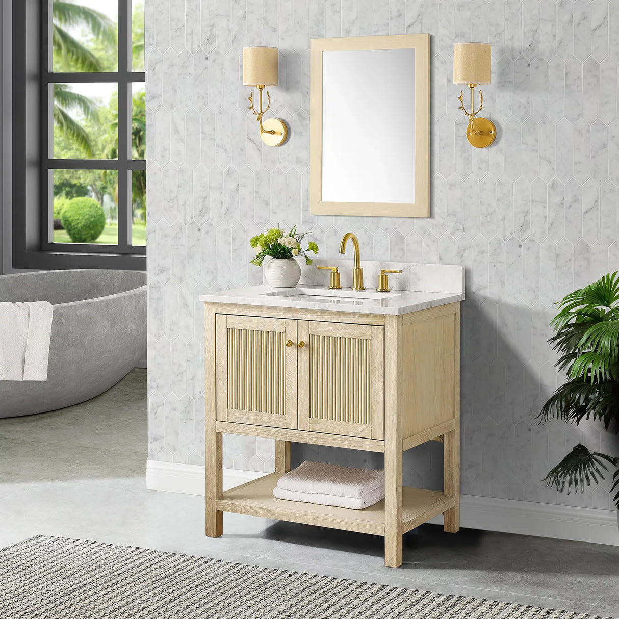 Salem Freestanding Solid Wood Bathroom Vanity With Carrara White Marble Sink Top & 4 In. Backsplash in Nature Wood Finish