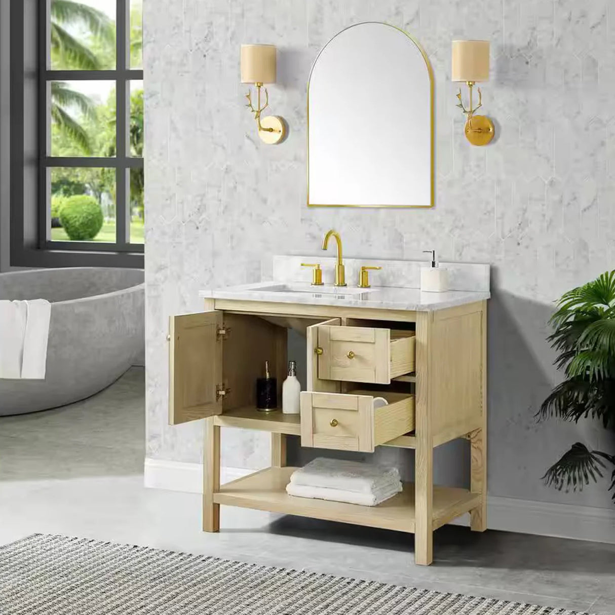 Salem Freestanding Solid Wood Bathroom Vanity With Carrara White Marble Sink Top & 4 In. Backsplash in Nature Wood Finish