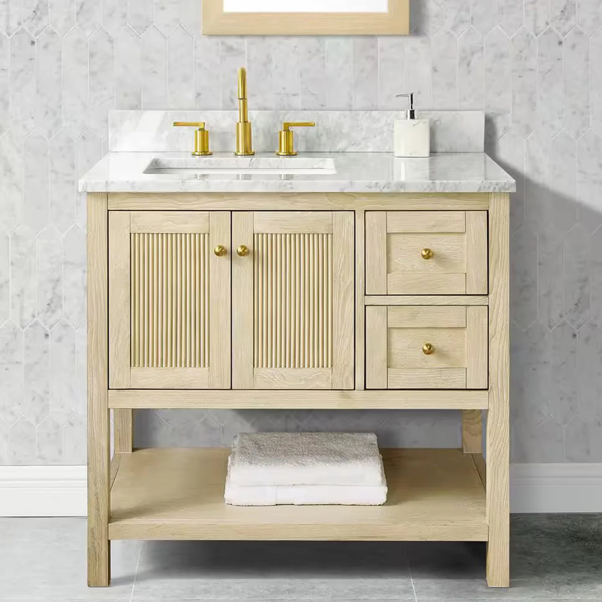 Salem Freestanding Solid Wood Bathroom Vanity With Carrara White Marble Sink Top & 4 In. Backsplash in Nature Wood Finish