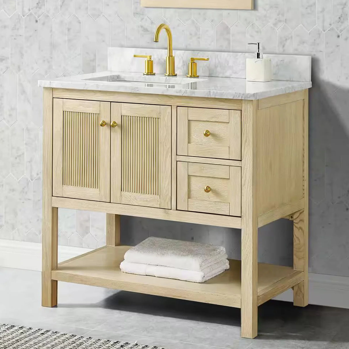 Salem Freestanding Solid Wood Bathroom Vanity With Carrara White Marble Sink Top & 4 In. Backsplash in Nature Wood Finish
