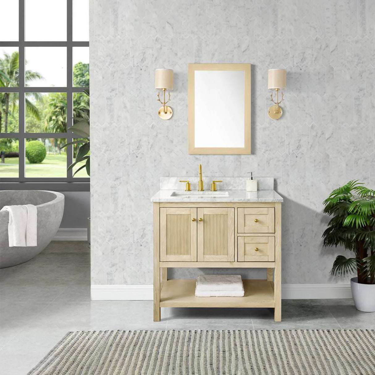 Salem Freestanding Solid Wood Bathroom Vanity With Carrara White Marble Sink Top & 4 In. Backsplash in Nature Wood Finish