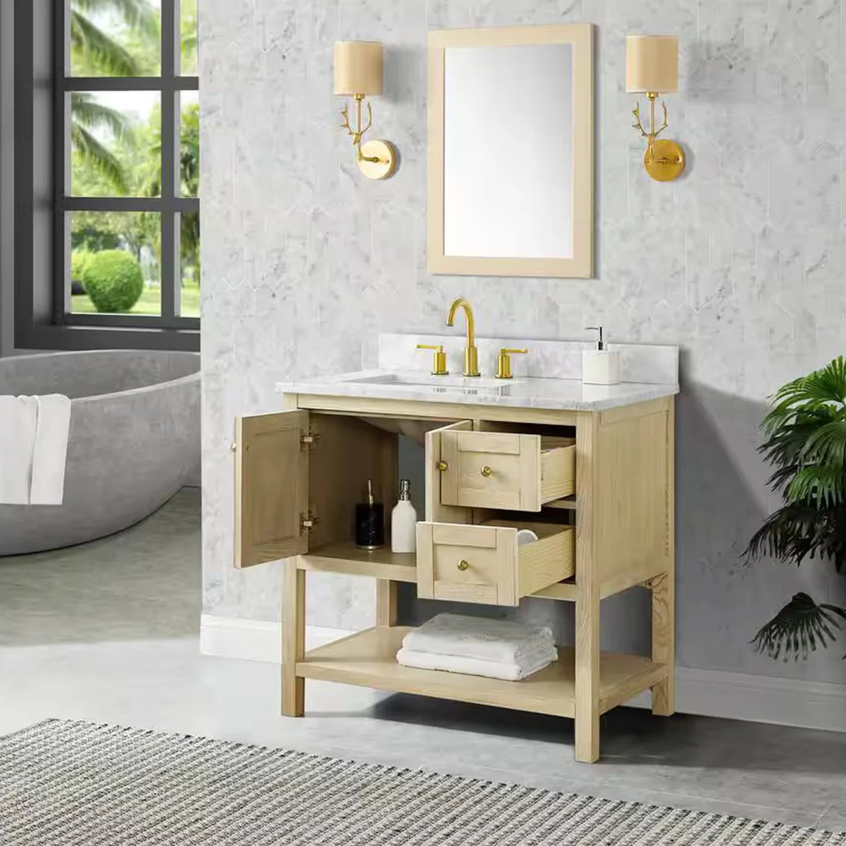 Salem Freestanding Solid Wood Bathroom Vanity With Carrara White Marble Sink Top & 4 In. Backsplash in Nature Wood Finish