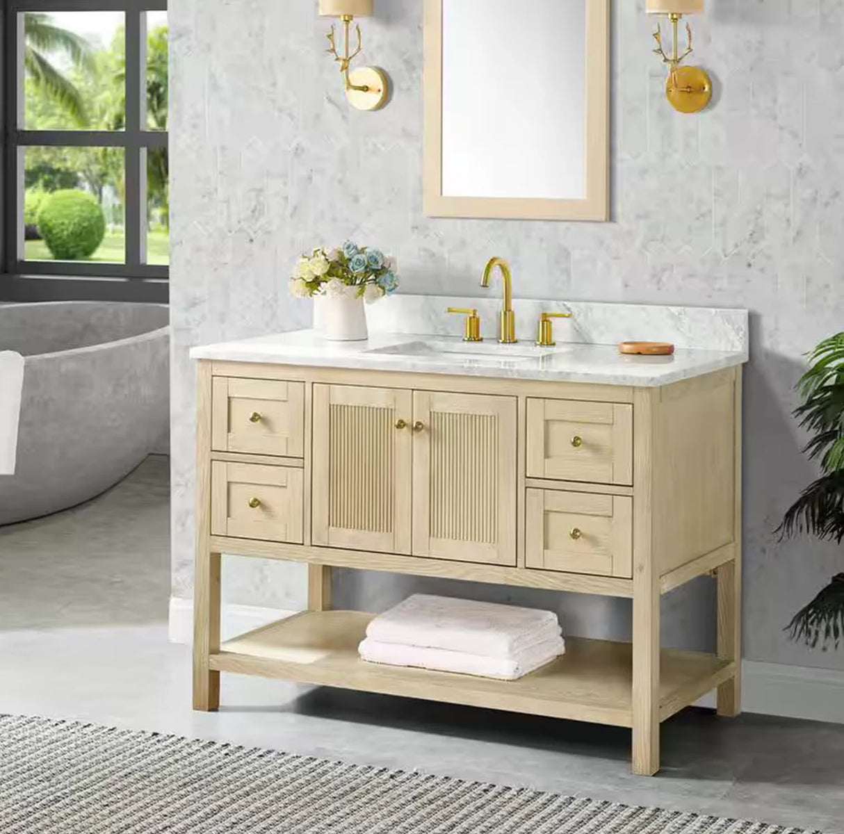 Salem Freestanding Solid Wood Bathroom Vanity With Carrara White Marble Sink Top & 4 In. Backsplash in Nature Wood Finish