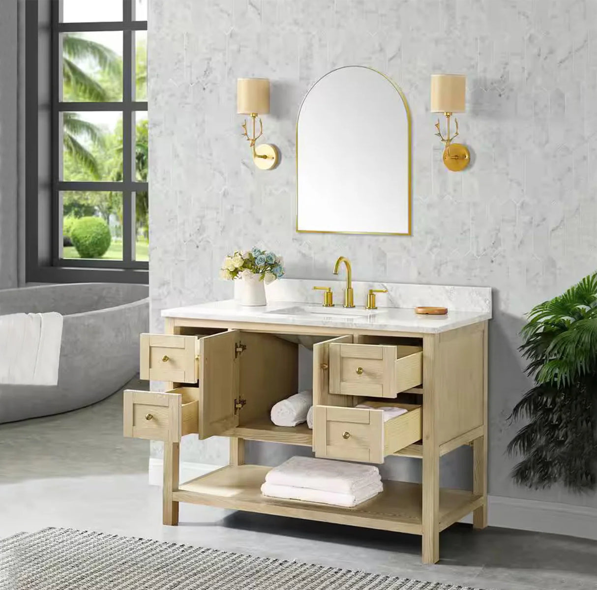 Salem Freestanding Solid Wood Bathroom Vanity With Carrara White Marble Sink Top & 4 In. Backsplash in Nature Wood Finish