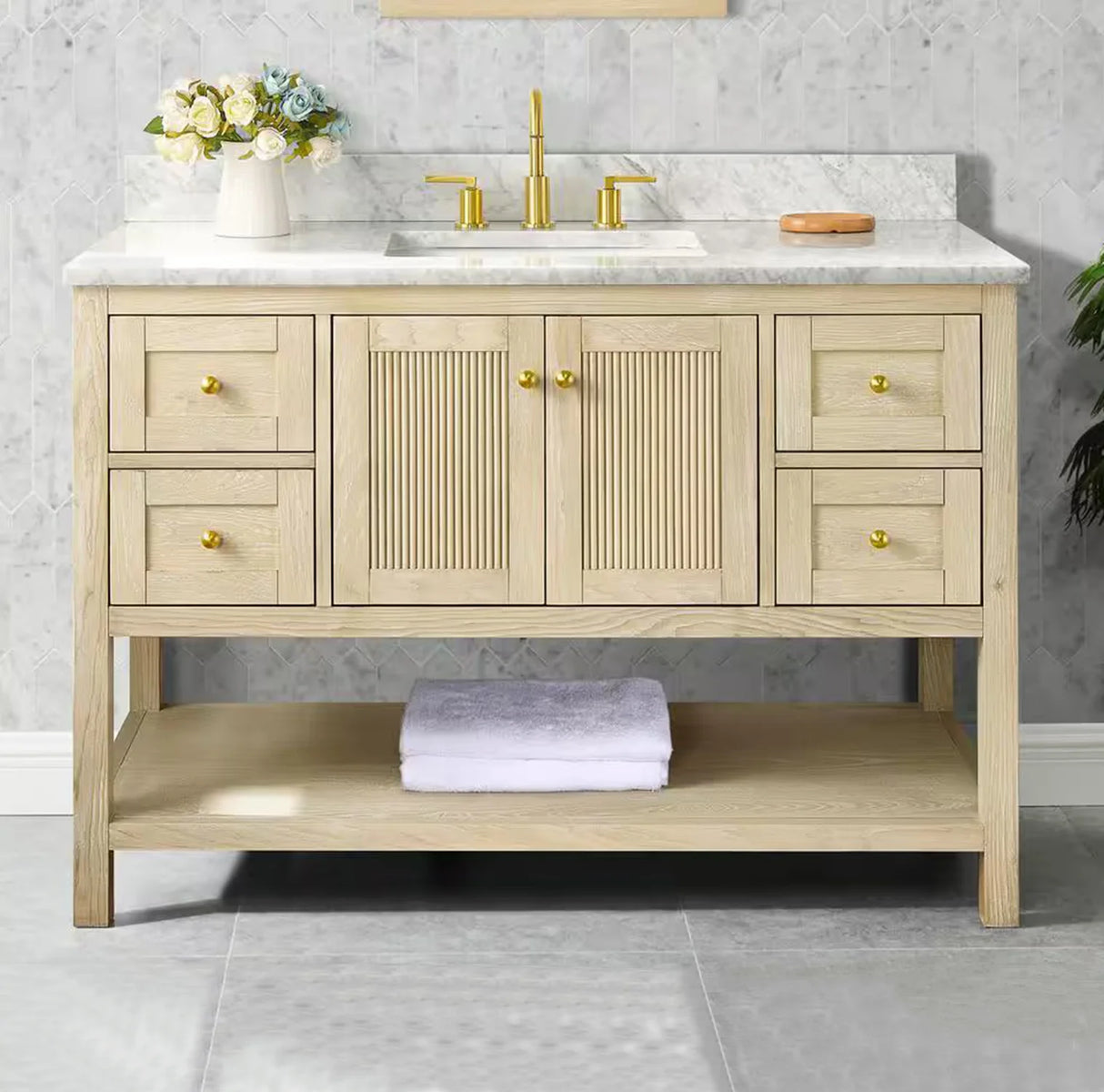 Salem Freestanding Solid Wood Bathroom Vanity With Carrara White Marble Sink Top & 4 In. Backsplash in Nature Wood Finish