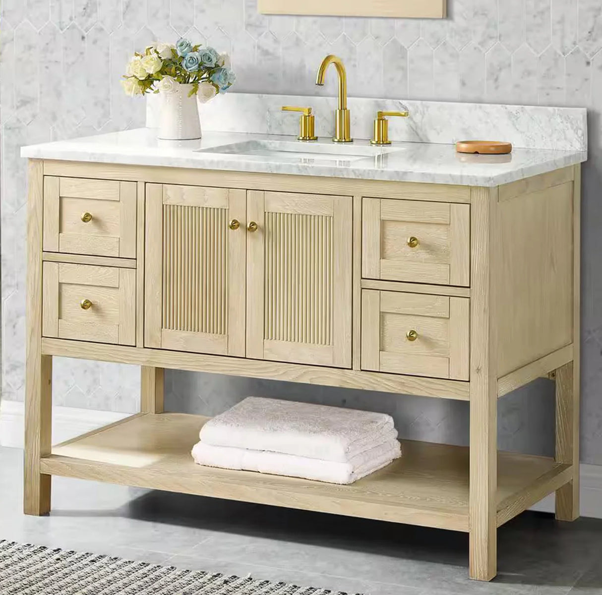 Salem Freestanding Solid Wood Bathroom Vanity With Carrara White Marble Sink Top & 4 In. Backsplash in Nature Wood Finish