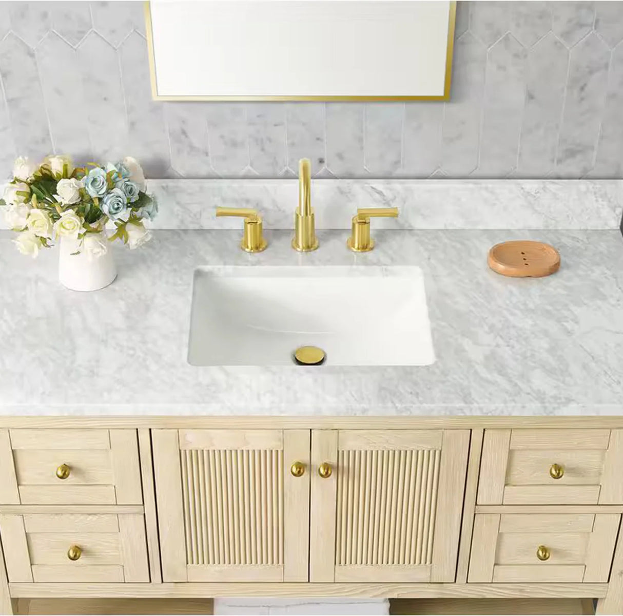 Salem Freestanding Solid Wood Bathroom Vanity With Carrara White Marble Sink Top & 4 In. Backsplash in Nature Wood Finish