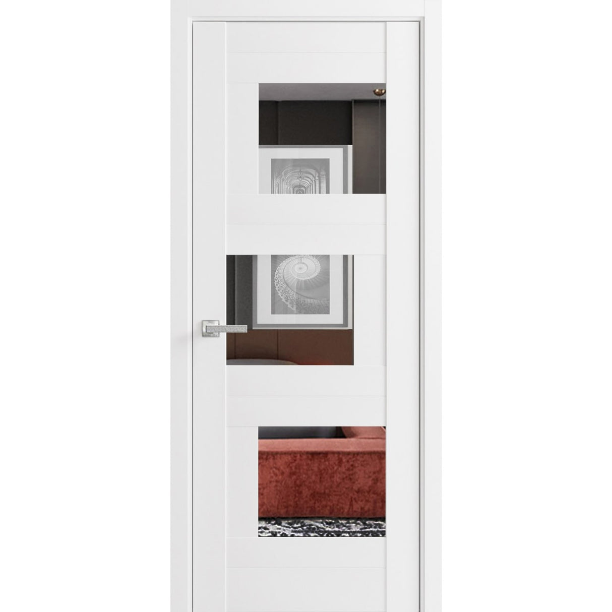 Solid French Door Opaque Glass / Sete 6999 White Silk with Mirror / Single Regular Panel Frame Handle / Bathroom Bedroom Modern Doors