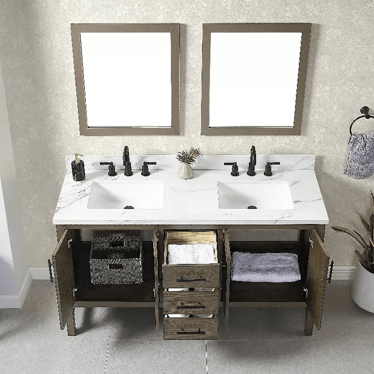 Solon Freestanding Solid Wood Bathroom Vanity with Calacatta Sintered Stone Sink Top with 4 In. Backsplash in Antique Elm Finish