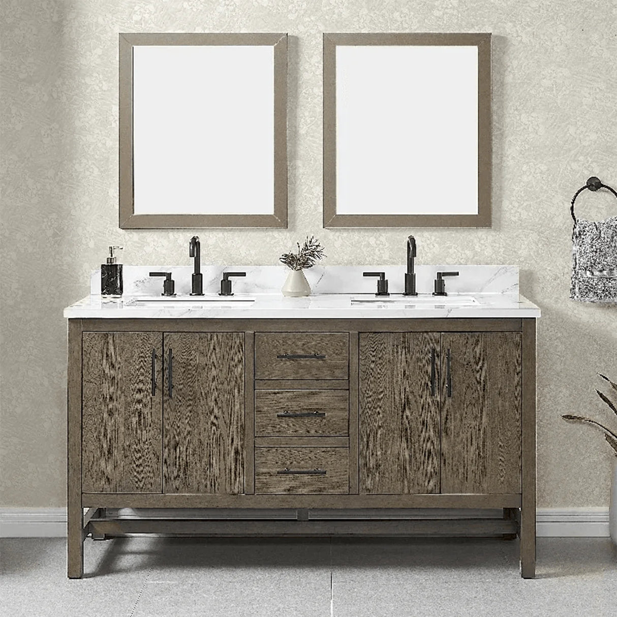 Solon Freestanding Solid Wood Bathroom Vanity with Calacatta Sintered Stone Sink Top with 4 In. Backsplash in Antique Elm Finish
