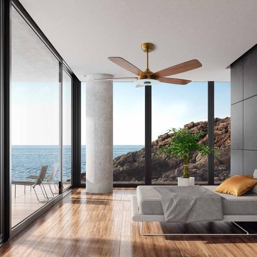 Striker 52 in. 5 - Blade Best Smart Ceiling Fan with Dimmable LED Light, Gold/Wood Grain Finish, Works w/ Remote Control/Alexa/Google Home/Siri - LEDMyPlace