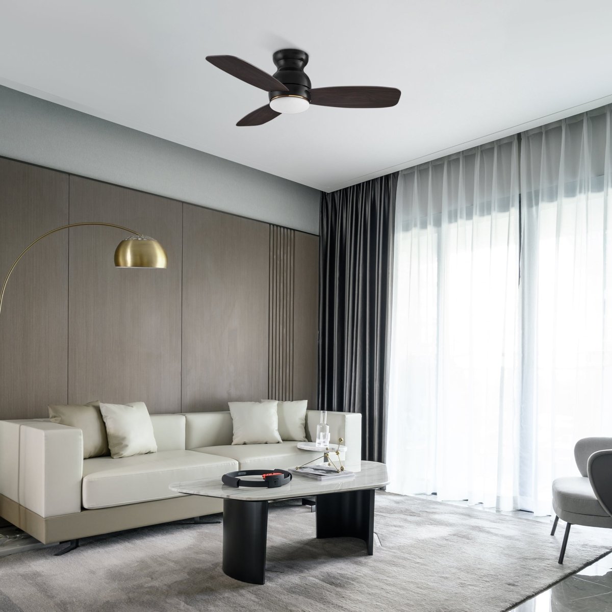 TRENTO 44 inch 3 - Blade Flush Mount Smart Ceiling Fan with LED Light & Remote - LEDMyPlace