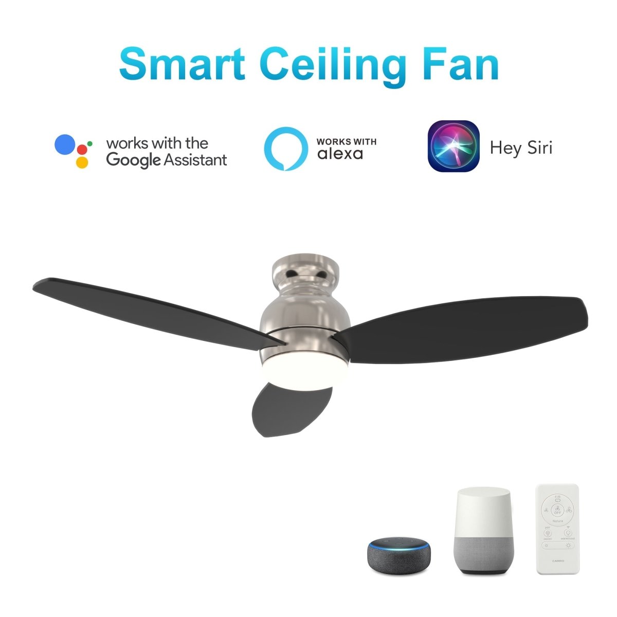 TRENTO 52 inch 3 - Blade Flush Mount Smart Ceiling Fan with LED Light & Remote - LEDMyPlace