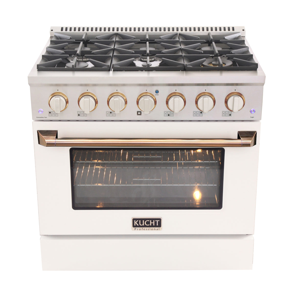KUCHT Professional 36 in. 5.2 cu. ft. Propane Gas Range with Sealed Burners and Convection Oven in Stainless Steel with White Oven Door, White Knobs and Knob Rings
