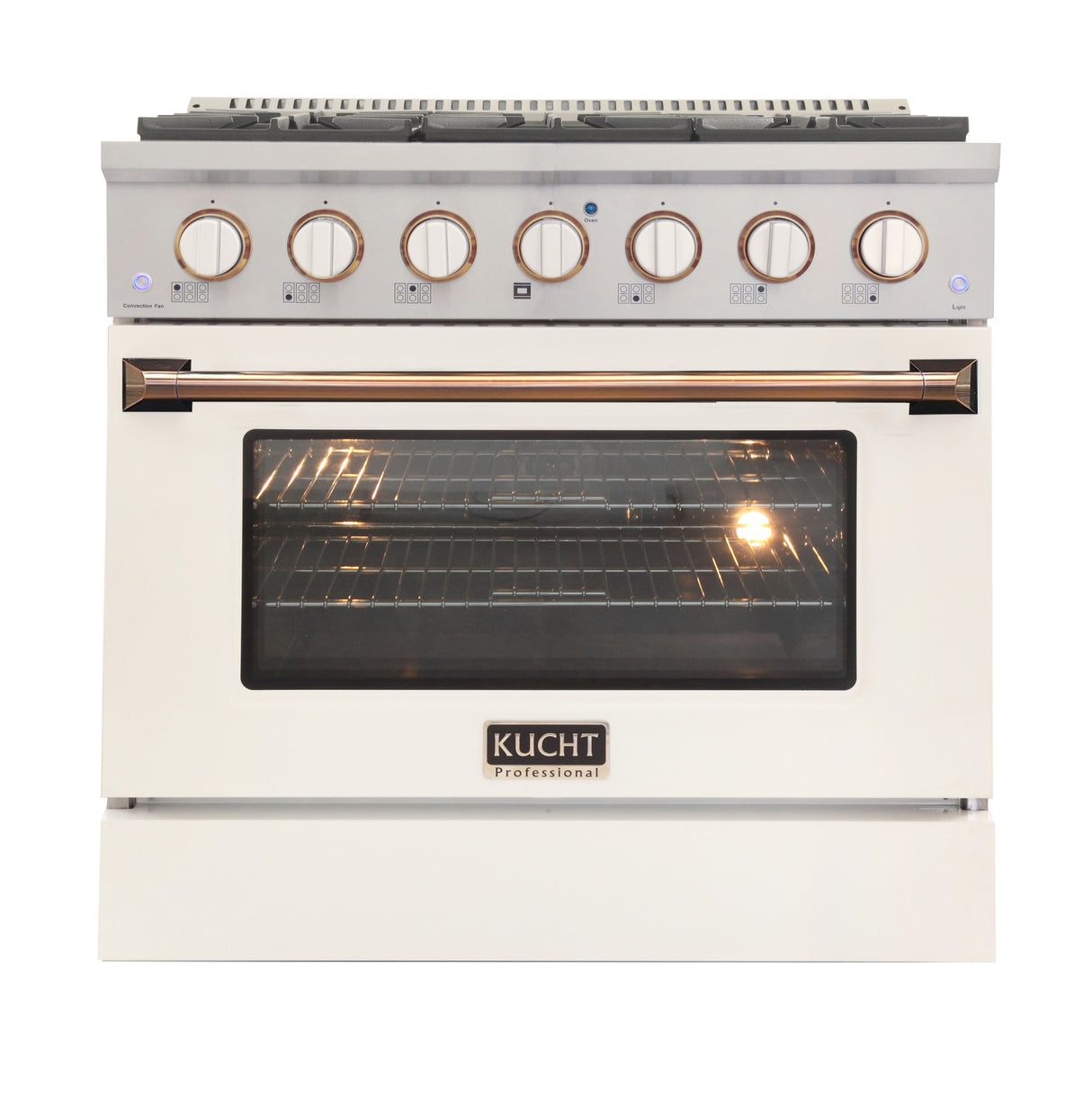 KUCHT Professional 36 in. 5.2 cu. ft. Dual Fuel Range for Natural Gas with Sealed Burners and Convection Oven in Stainless Steel with White Oven Door White Knobs and Gold Knobs Rings