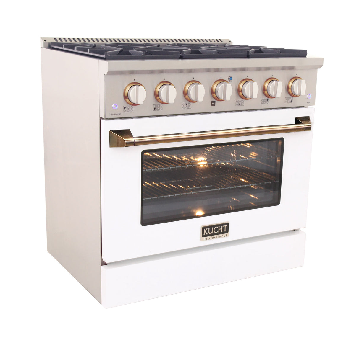 KUCHT Professional 36 in. 5.2 cu. ft. Dual Fuel Range for Natural Gas with Sealed Burners and Convection Oven in Stainless Steel with White Oven Door White Knobs and Gold Knobs Rings