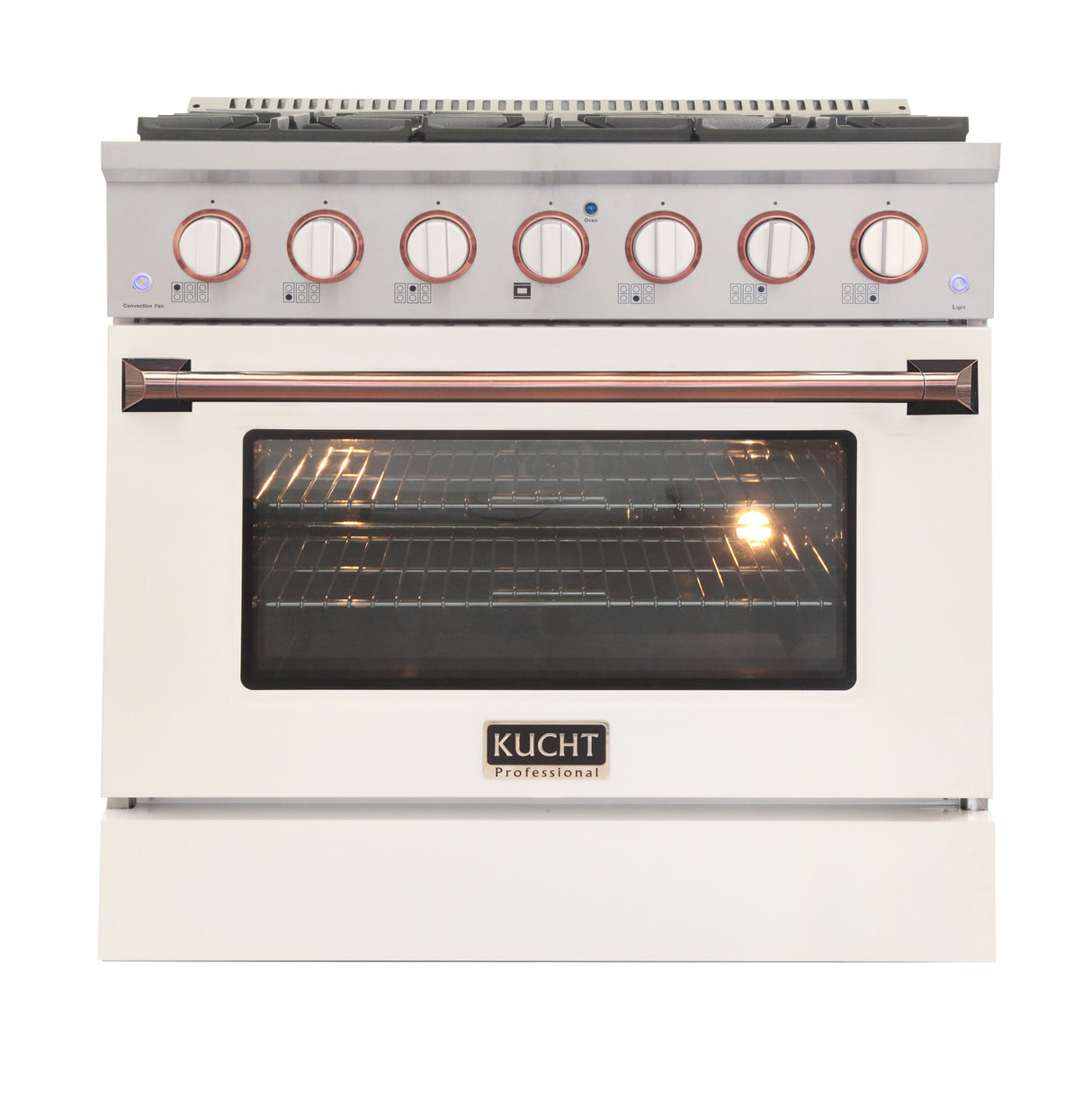 KUCHT Professional 36 in. 5.2 cu. ft. Dual Fuel Range for Propane Gas with Sealed Burners and Convection Oven in Stainless Steel with White Oven Door White Knobs and Gold Knob Rings
