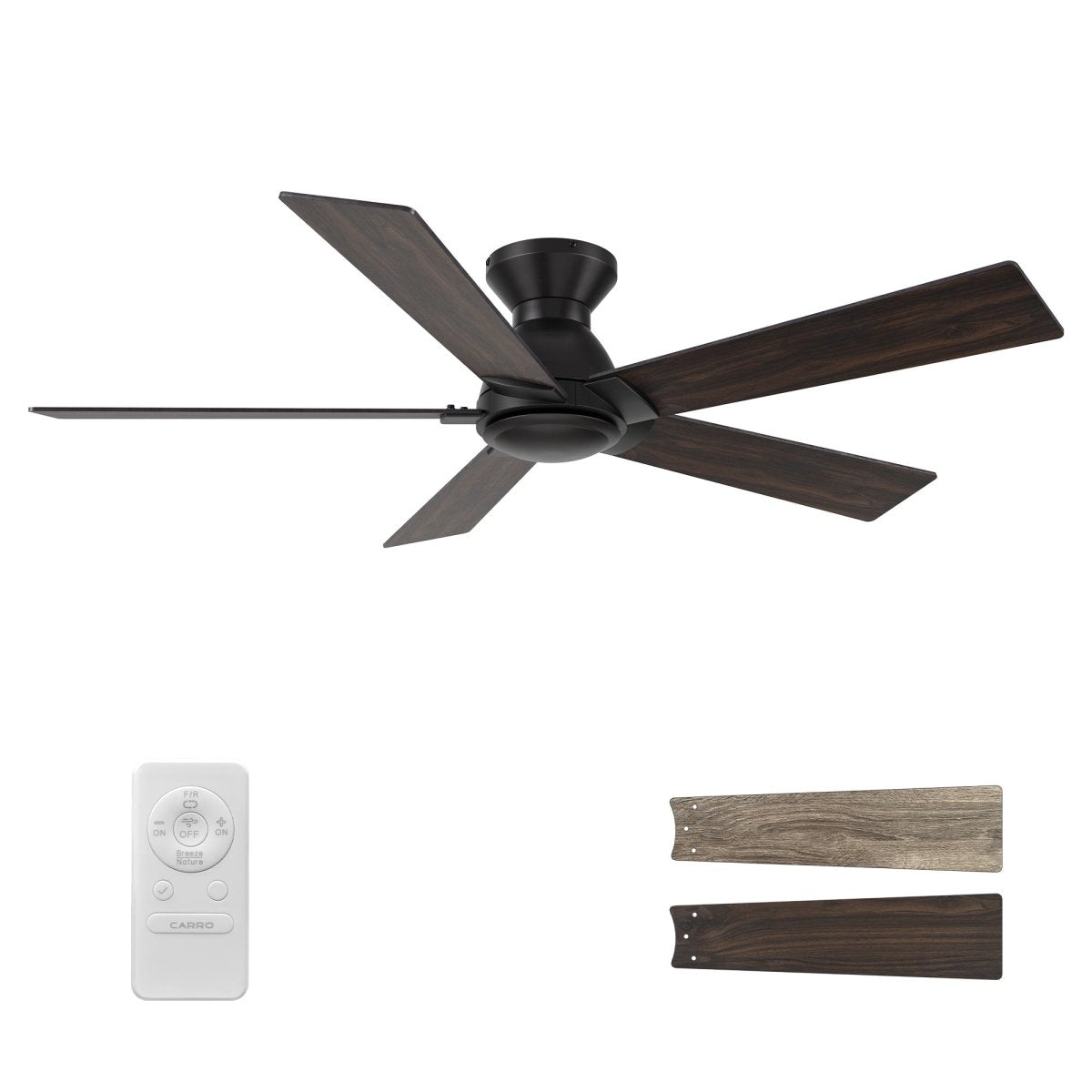 Wynston 52 inch 5 - Blade Flush Mount Ceiling Fan with Remote Control - Black/Walnut & Black Reversible Blades (No Light) - LEDMyPlace