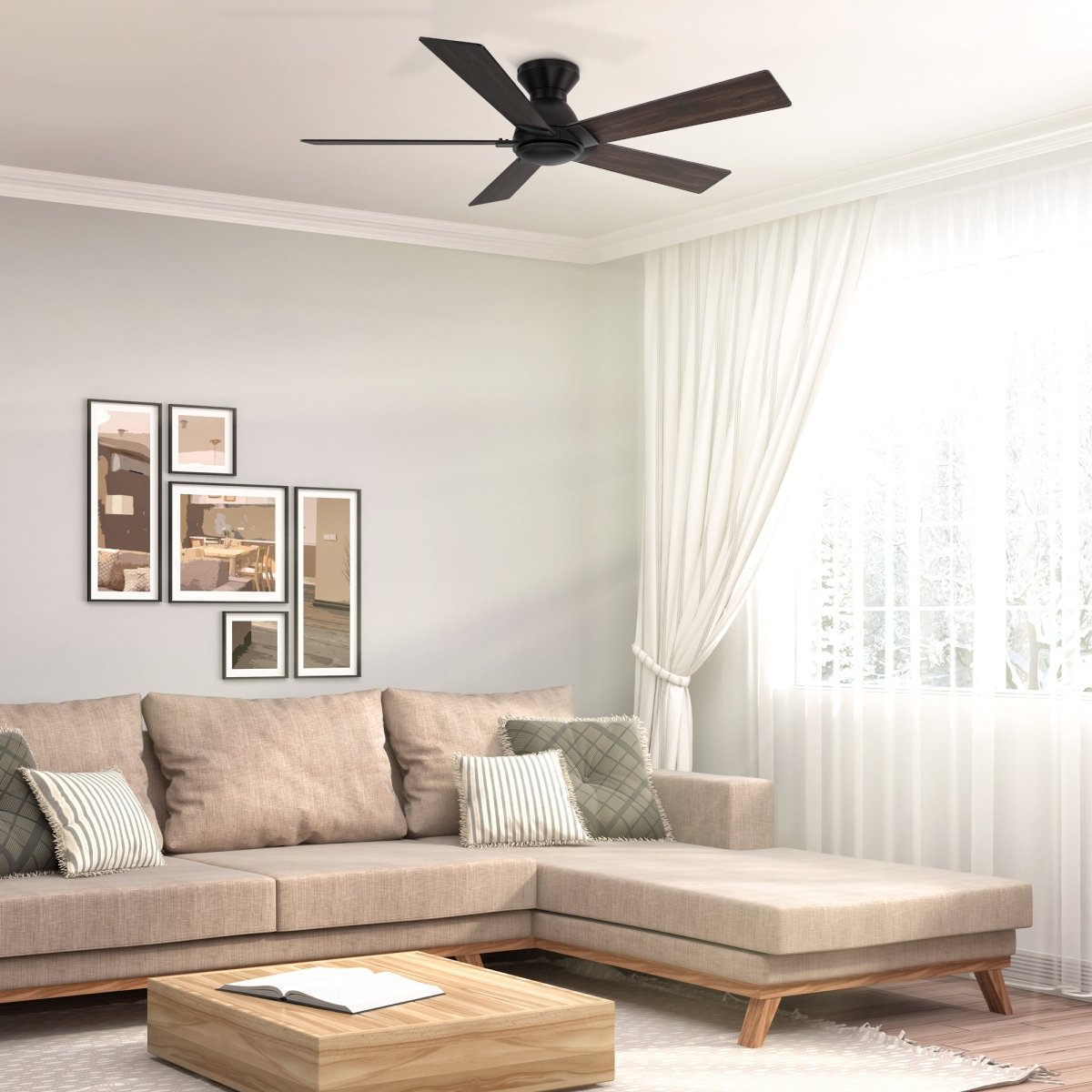Wynston 52 inch 5 - Blade Flush Mount Ceiling Fan with Remote Control - Black/Walnut & Black Reversible Blades (No Light) - LEDMyPlace