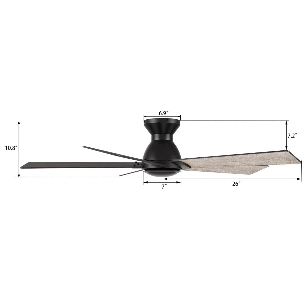 Wynston 52 inch 5 - Blade Flush Mount Ceiling Fan with Remote Control - Black/Walnut & Black Reversible Blades (No Light) - LEDMyPlace