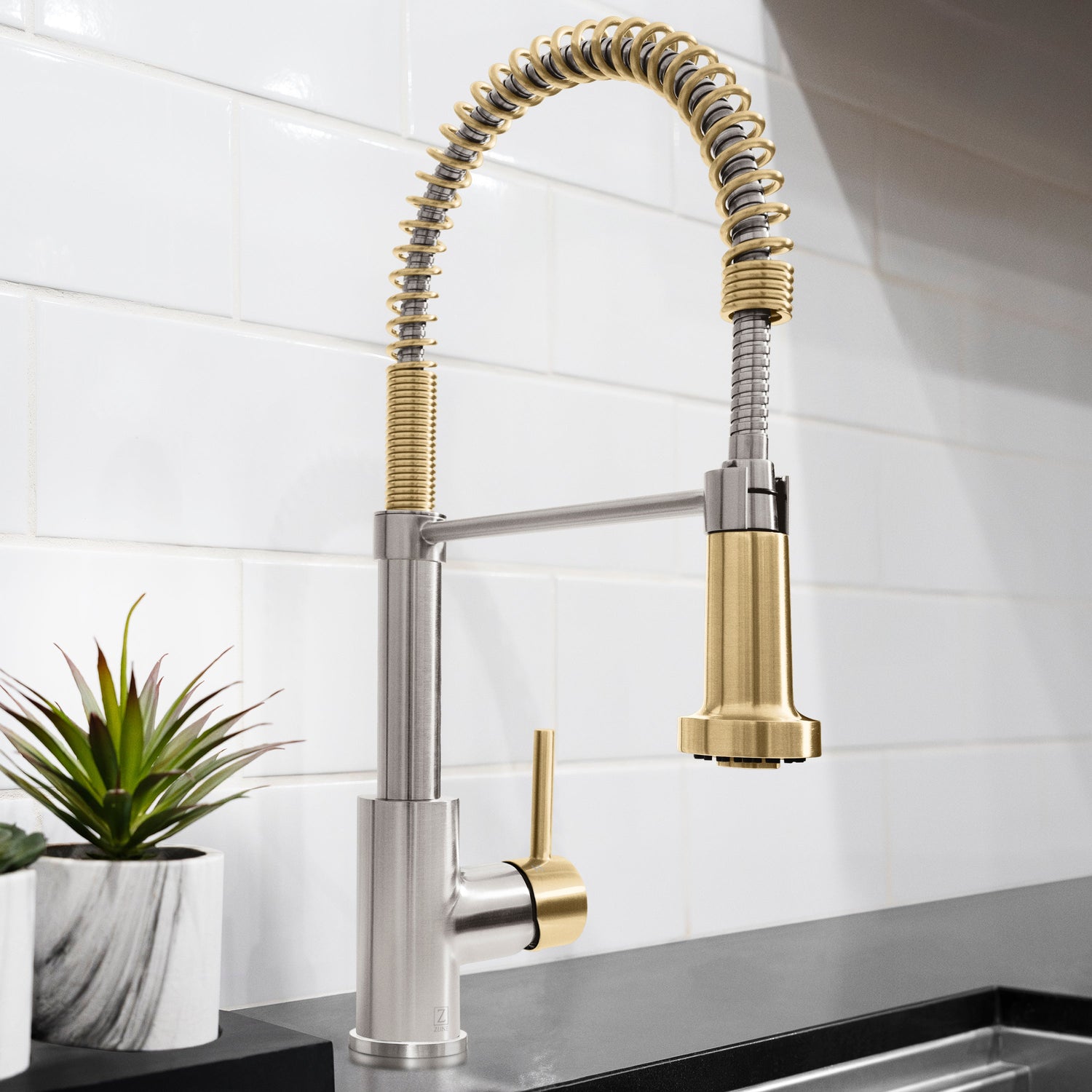 ZLINE Autograph Edition Apollo Pull Down Spring Single Handle Kitchen Faucet in Brushed Nickel and Champagne Bronze (APL-KF-ZBNCB)