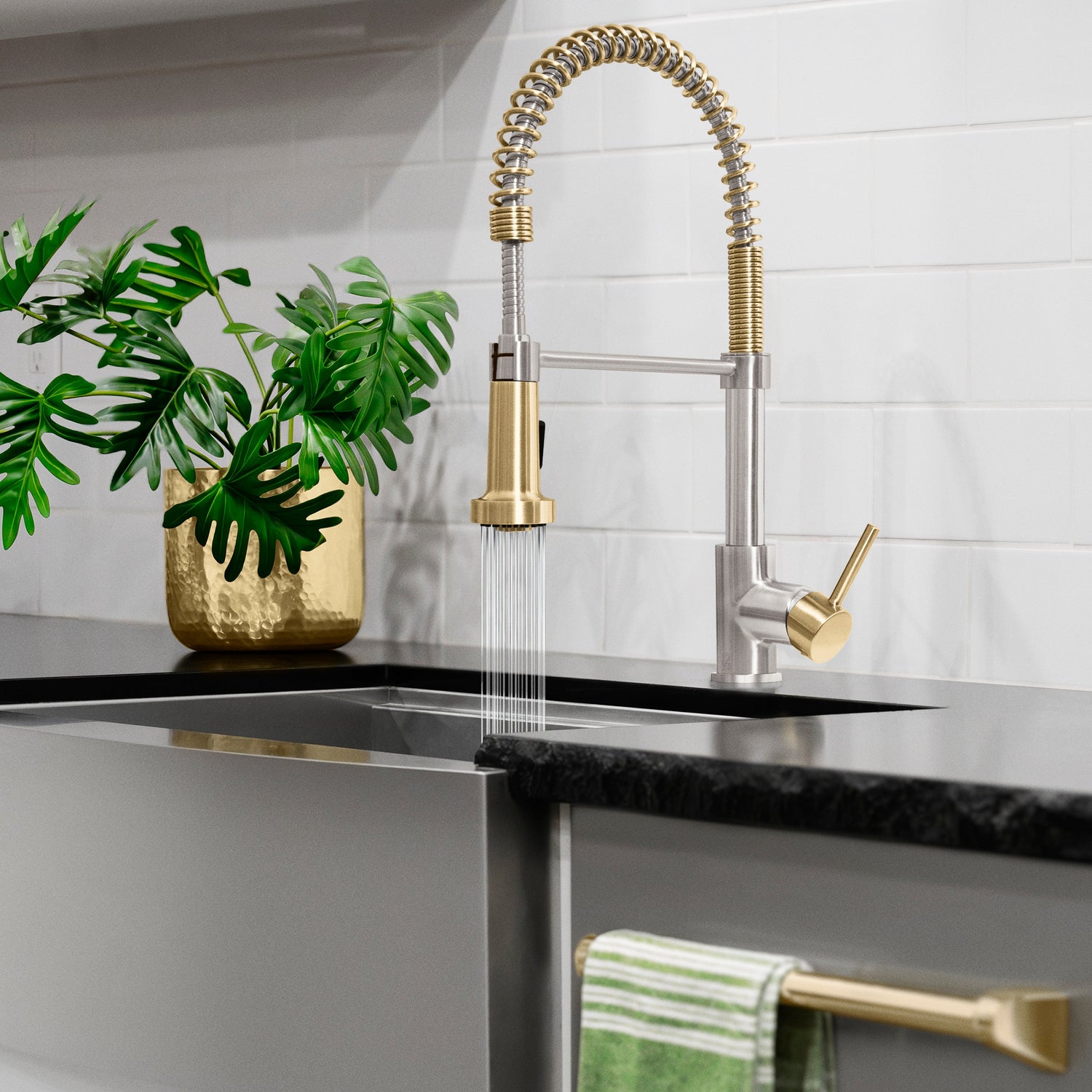 ZLINE Autograph Edition Apollo Pull Down Spring Single Handle Kitchen Faucet in Brushed Nickel and Champagne Bronze (APL-KF-ZBNCB)