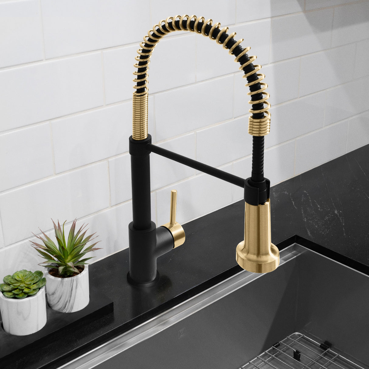 ZLINE Autograph Edition Apollo Pull Down Spring Single Handle Kitchen Faucet in Matte Black and Champagne Bronze (APL-KF-ZMBCB)