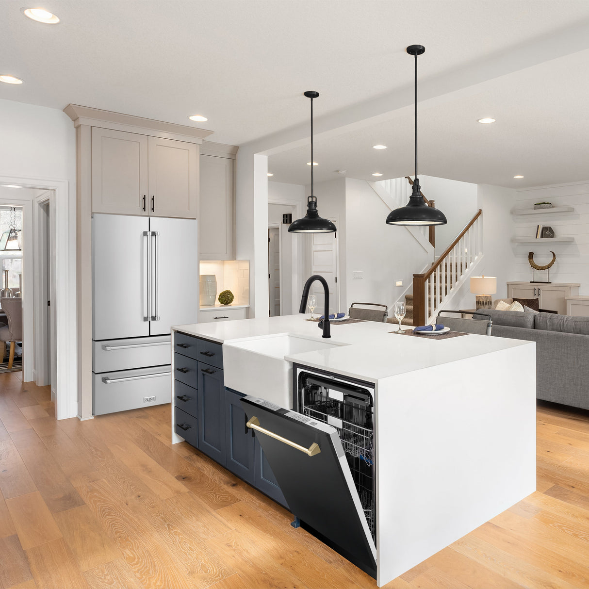 ZLINE Autograph Edition 24" Monument Series 3rd Rack Top Touch Control Tall Tub Dishwasher in Black Stainless Steel with Polished Gold Handle, 45dBa (DWMTZ-BS-24-G)