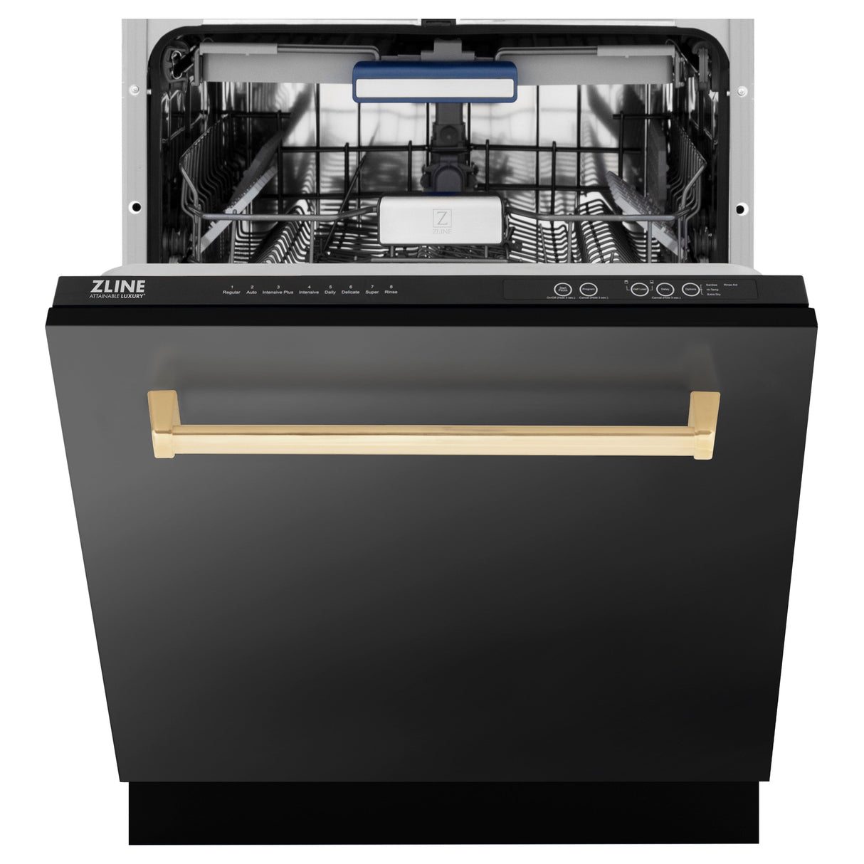 ZLINE Autograph Edition 24" Tallac Series 3rd Rack Top Control Built-In Tall Tub Dishwasher in Black Stainless Steel with Polished Gold Handle, 51dBa (DWVZ-BS-24-G)