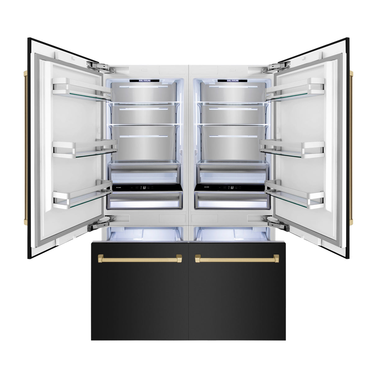 ZLINE Autograph Edition 60 in. 32.2 cu. ft. French Door Built-In Bottom Freezer Refrigerator with Water Dispenser and Ice Maker in Black Stainless Steel with Champagne Bronze Accents (RBIVZ-BS-60-CB)