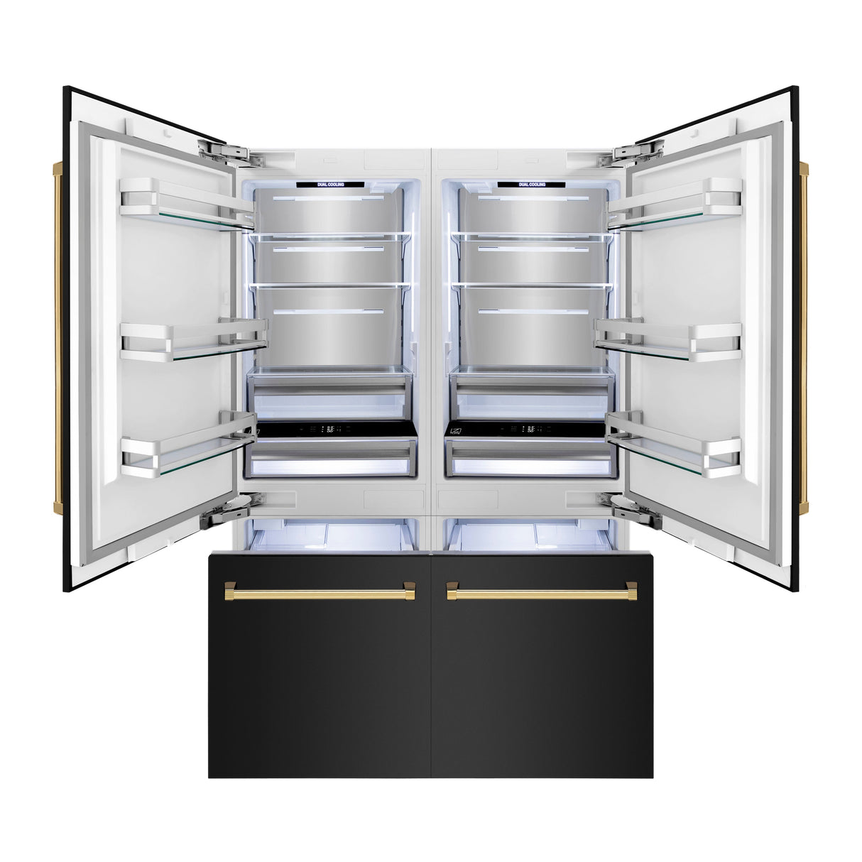 ZLINE Autograph Edition 60 in. 32.2 cu. ft. French Door Built-In Bottom Freezer Refrigerator with Water Dispenser and Ice Maker in Black Stainless Steel with Polished Gold Accents (RBIVZ-BS-60-G)